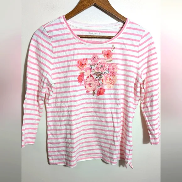 Talbots Pink & White Cotton Striped Floral Long Sleeve Tee Shirt MP - Picture 5 of 5